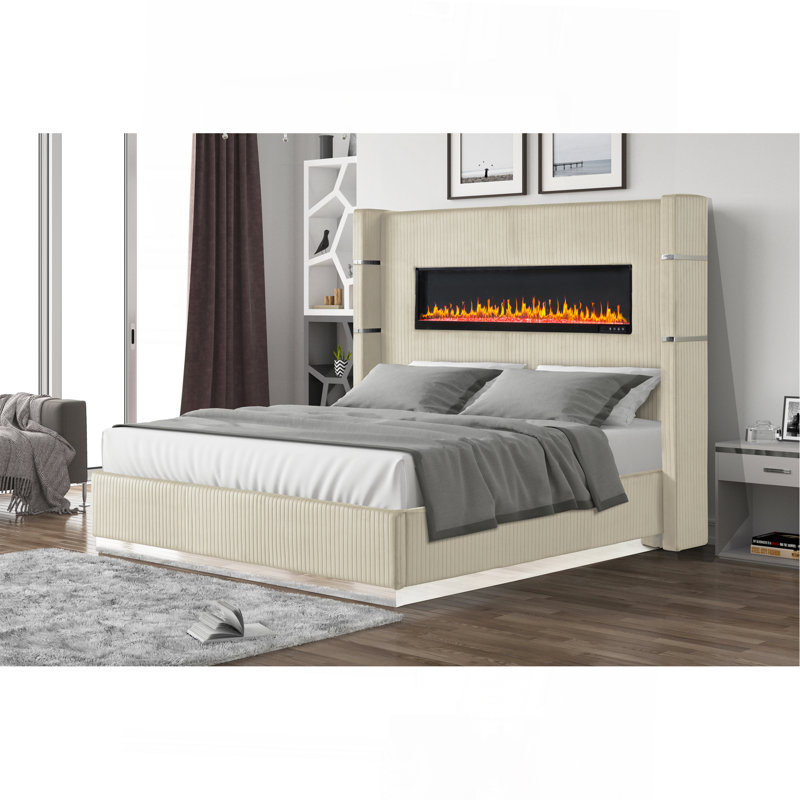 Ensemble de chambre à coucher en tissu d'ameublement pour grand lit 4 pièces avec éclairage ambiant en velours beige Upholstery