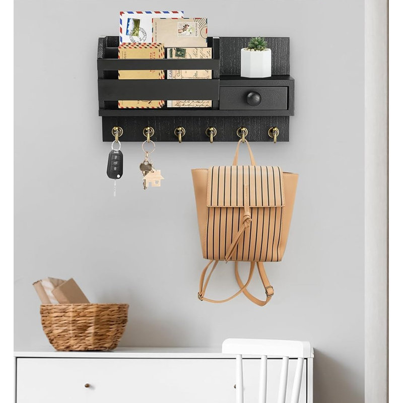 The Key Holder Wall Mount, Wooden Mail and Key Organizer with Drawer and Shelf, 2 Slots, 6 Hooks, Black
