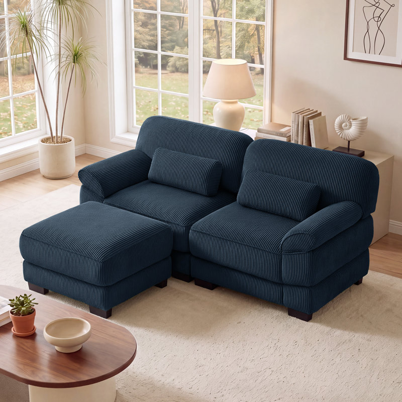 Canapé modulaire en velours côtelé avec repose-pieds Barrett, Bleu