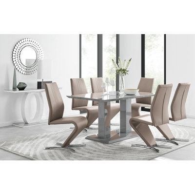 Edzard Double Pedestal High Gloss Dining Table Set with 6 Luxury Faux Leather Dining Chairs