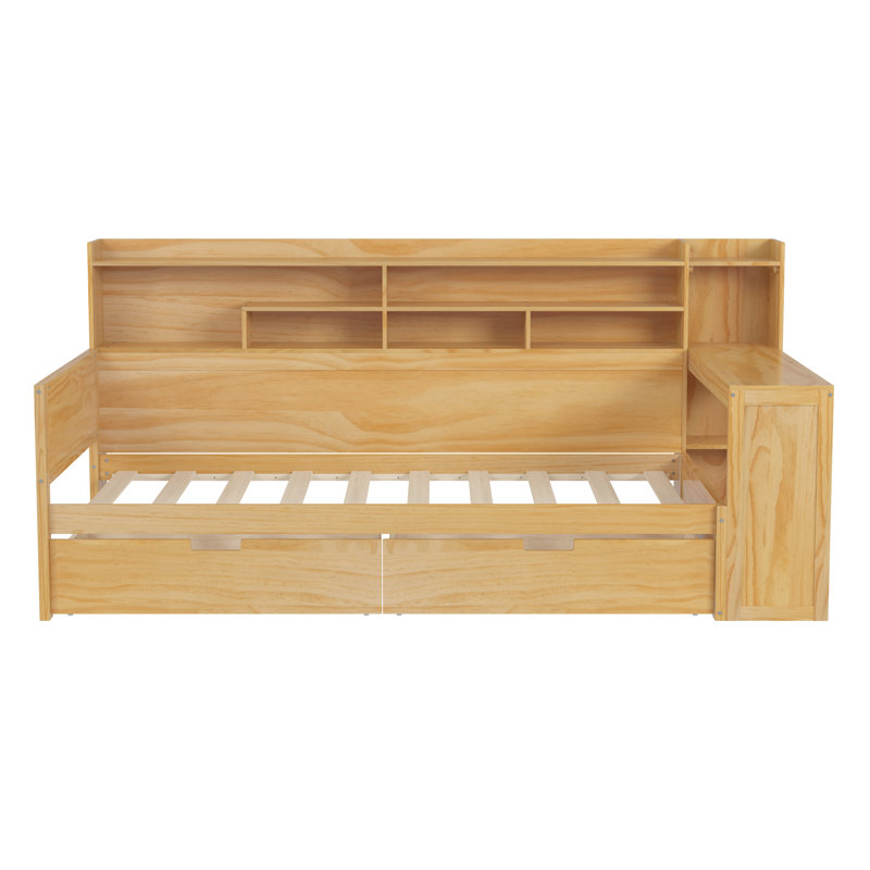 Wooden Twin Size Daybed with Storage, Drawers, and Desk, Natural