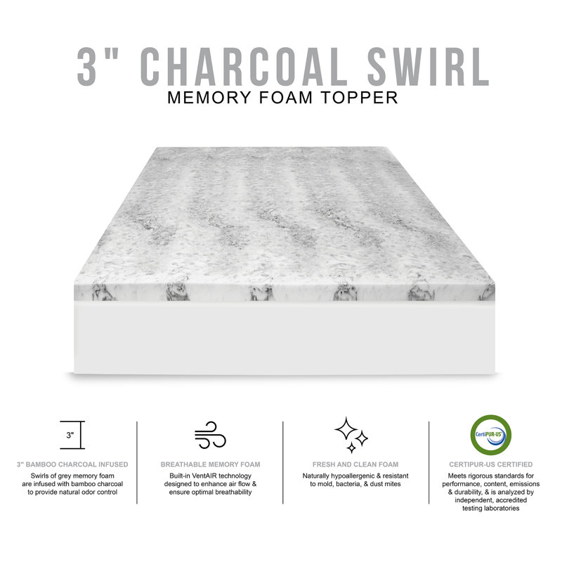 Bamboo Charcoal 3" Memory Foam Mattress Topper, King