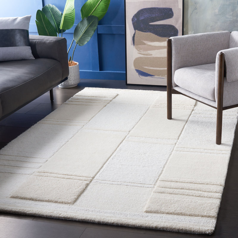 Manhattan Hand Tufted Wool Cotton Geometric Rug in Ivory/Beige, Rectangle 5' x 8'