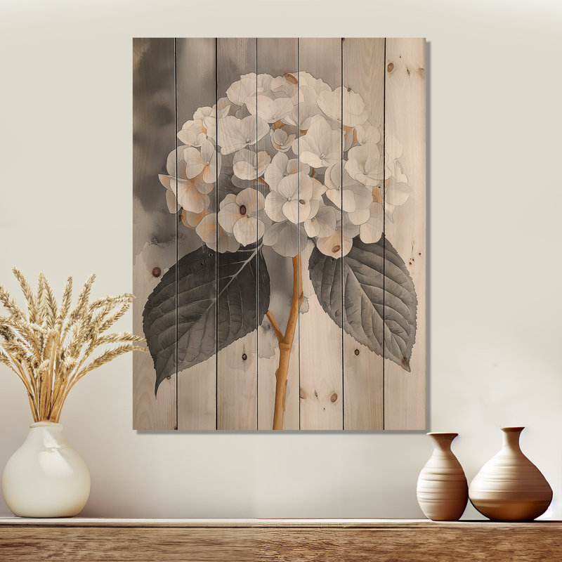 Hortensia monochrome avec une tige d'hiver I - impression sur bois d'hortensia - sur bois de pin naturel
