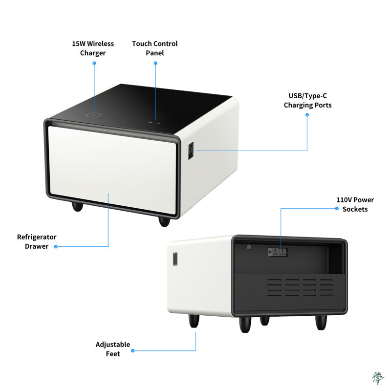 Smart Side Table With Built-In Fridge, Wireless Charging, Temperature Control, Power Socket, USB Ports, Outlet Protection, Induction Light