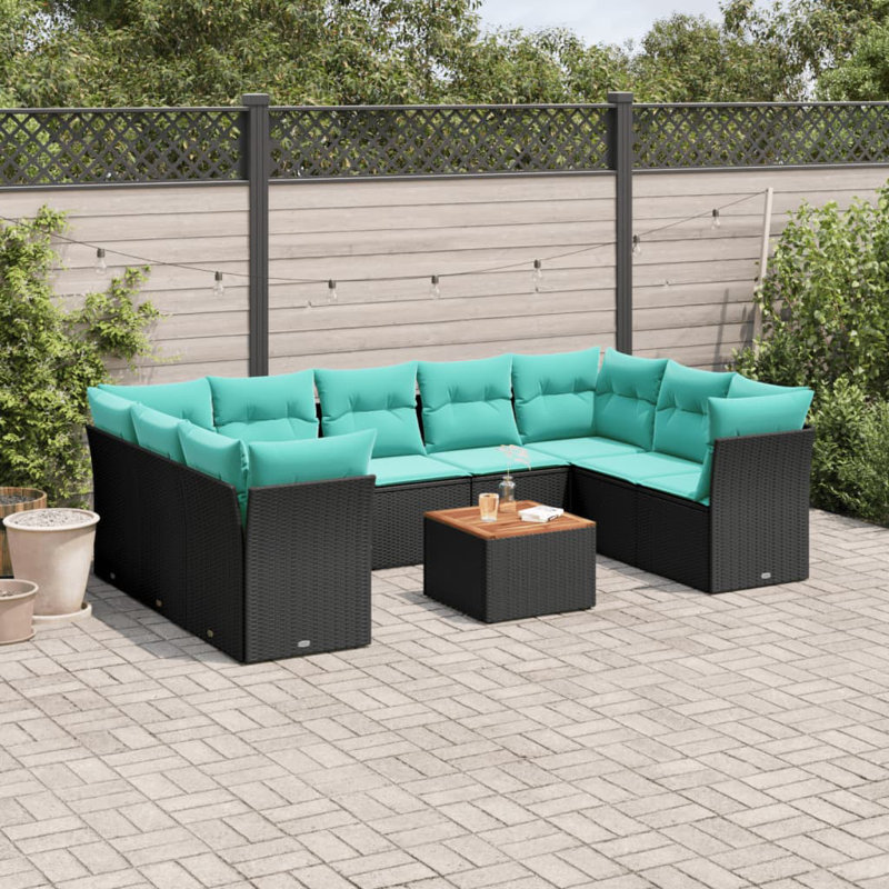 Ensemble de canapé de patio 10 pièces avec coussins en rotin de polyester, Bleu clair, Noir