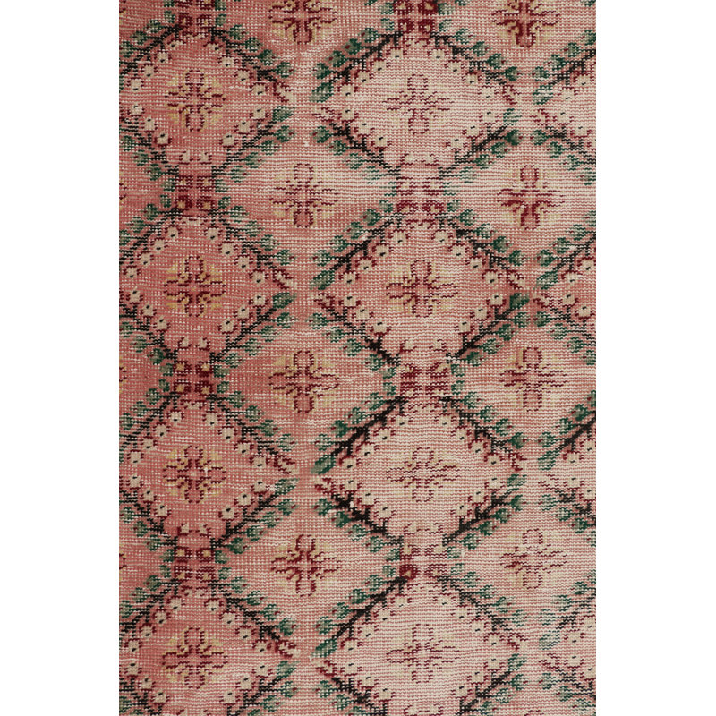 Vintage Distressed Rug, Pink And Green Geometric Floral Pattern - Rug & Kilim