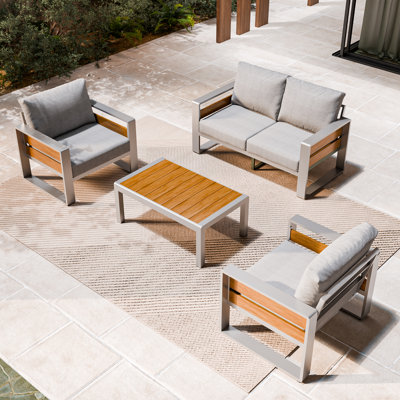 5-Piece Outdoor Patio Furniture Set With Cushions And Wood Accents – Modern Aluminum Frame by 17 Stories