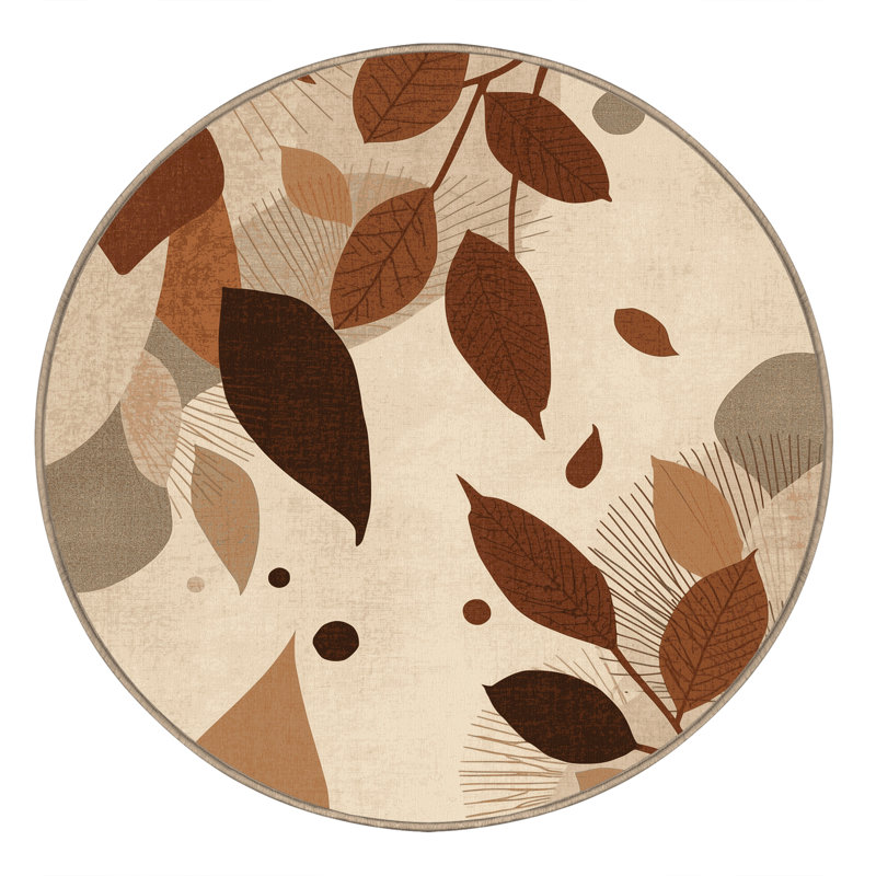 Machine Washable Pascasio Autumn Leaves Modern Rustic Abstract Rug in Beige – Beige Binding, 5' Round