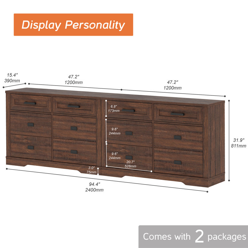 Ensemble de 2 commodes en bois 6 tiroirs Glenford, Brun