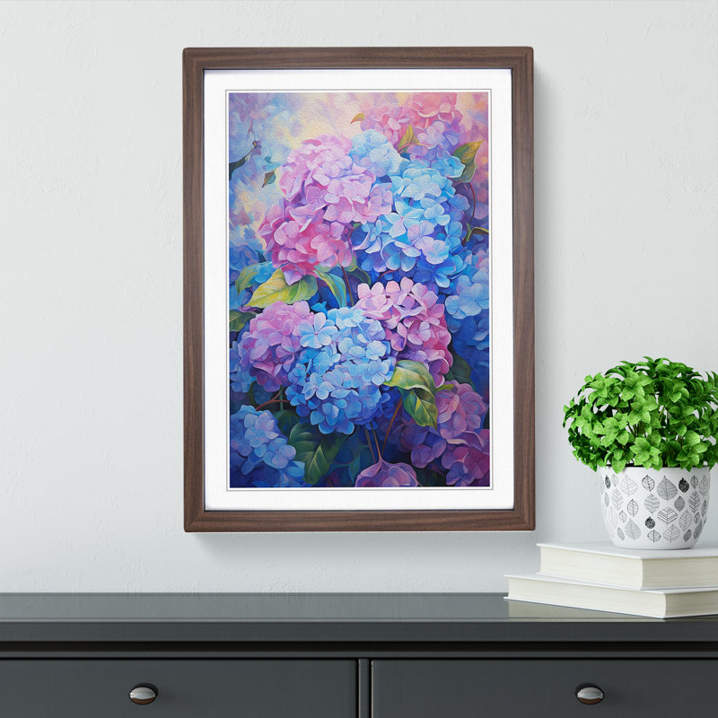 Hydrangea Impressionism - Single Picture Frame Print on Wood, 64cm H x 46cm W x 2cm D, Walnut Framed