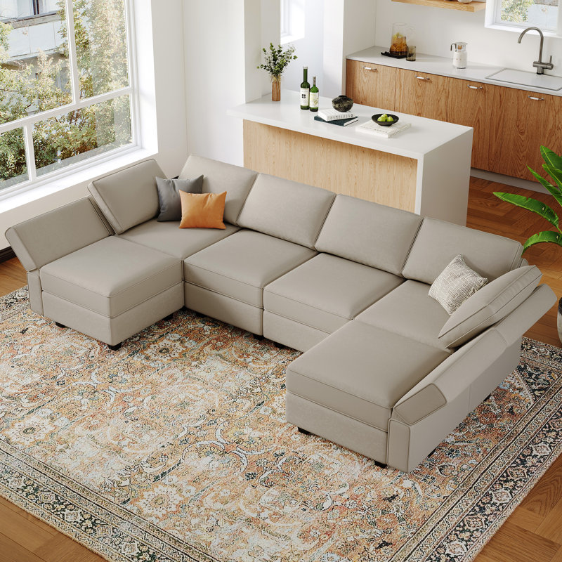 Ridoy 7-Pieces 116.6'' Wide Velvet Sectional Modular Sofa U Shaped Couch Storage Sofa - 6 Ottomans Seat, Gray Velvet