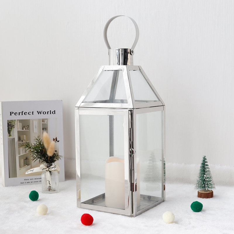 16'' H Metal Tabletop Lantern, Silver