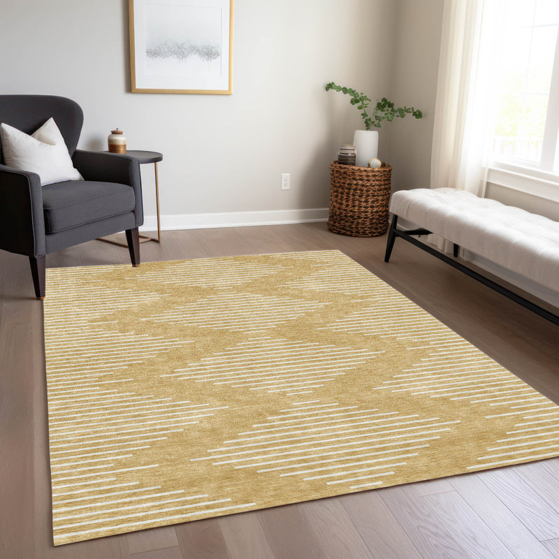 Gold and White Geometric Washable Synthetic Rug 2'6" x 3'10"