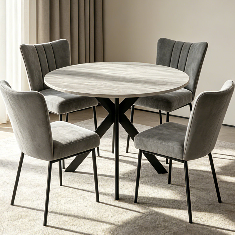 Bourke Round Modern Kitchen Dining Table Set with Dining Chairs, Gray, 5 Pieces: Table, 4 Chairs