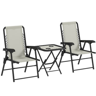 3 Piece Cream Folding Bistro Set with Mesh Top Table, 2 Cup Holders and Texteline Garden Chairs