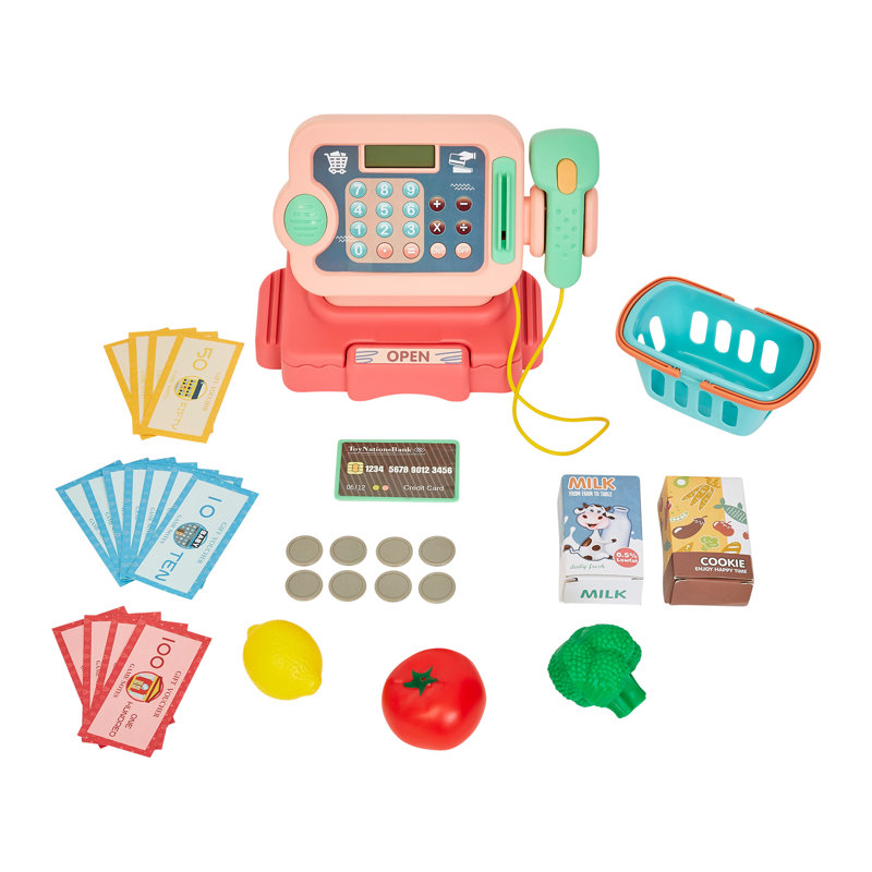 Toy Cash Register for Kids - 30-Piece Grocery Store Pretend Play Set with Play Money for Kids Cash Register with Scanner, Toddler Food, and Basket for Ages 3 and Up by Hey! Play!