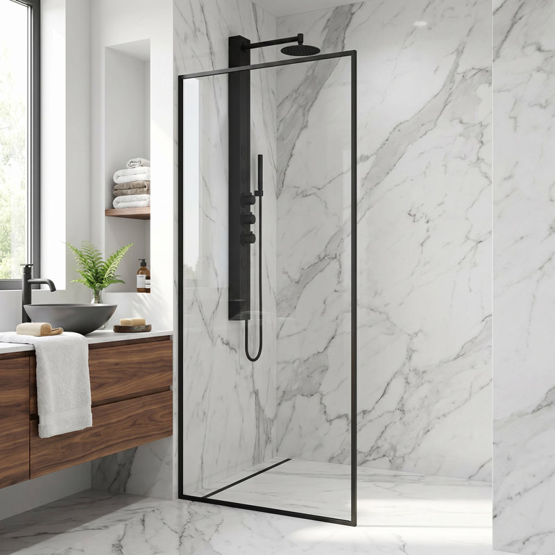 Meridian 34" W x 74" H Fixed Framed Shower Screen with 3/8" Glass, Matte Black Clear