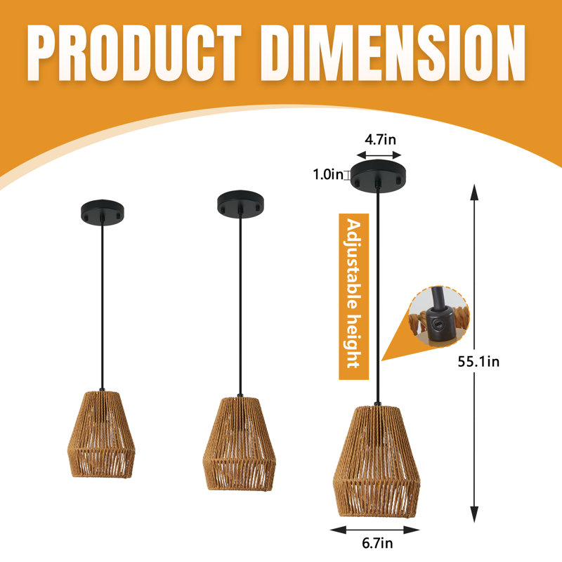  Luminaire suspendu en rotin 3 lumières tissé à la main pour îlot de cuisine, salle à manger ou salon