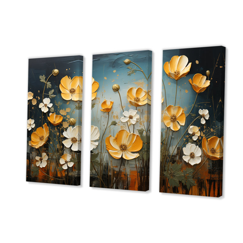 «Buttercups» jaune jaune, lueur dorée, patchwork II sur toile, 3 pièces, H 28 po x l 36 po x P 1 po