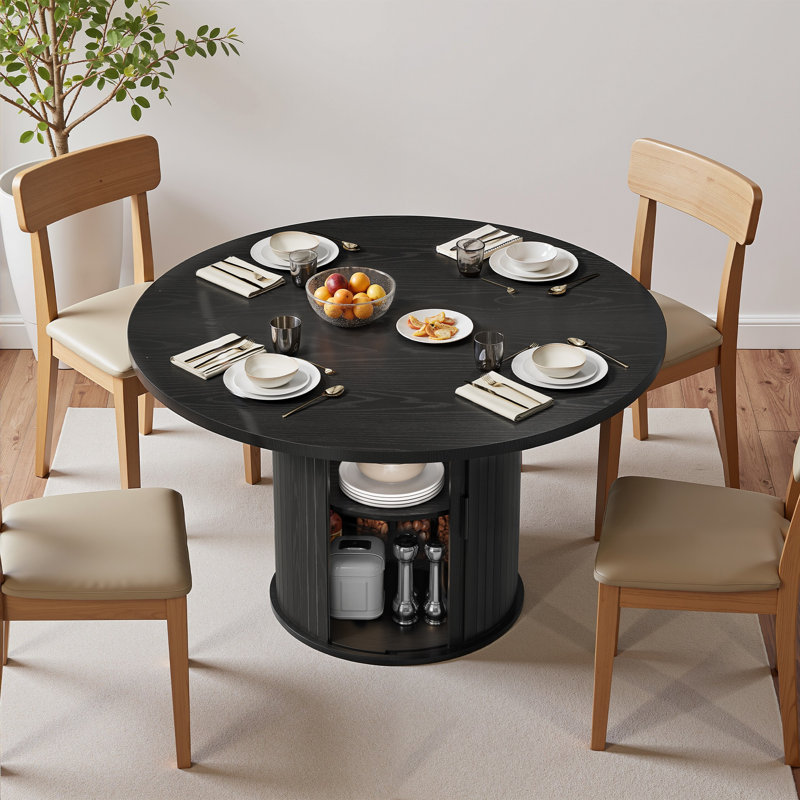 47" Round Farmhouse Dining Table For 4, Kitchen Table With 2-Layer Storage Rack & Smooth Sliding Wood Doors, Iron Frame Support - For Kitchen & Living Room