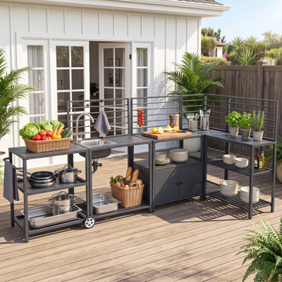 Ensemble îlot de cuisine extérieure en aluminium antirouille 4 pièces avec évier et armoires de patio modulaires