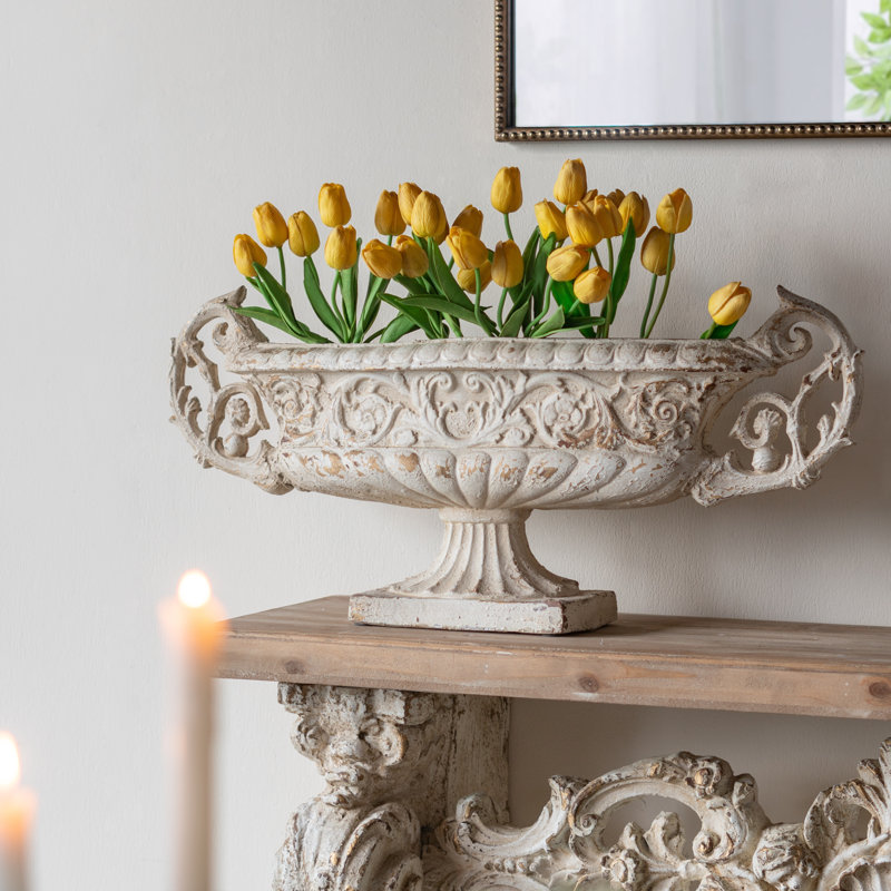 Magnesium Pedestal Vase with Distressed White Finish and Ornate Handles