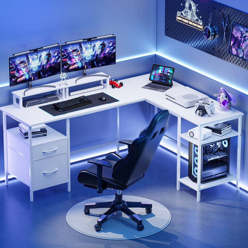 L Shaped Desk with Storage Shelves,Reversible Computer Desk with Built-in Outlets and Moniter Stand, White
