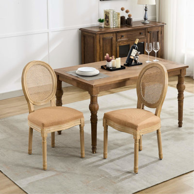 De 2 chaises de salle à manger de style français brun clair, structure en bois massif avec peinture antique, lin et combinaison, intérieur en mousse à ressorts en acier pour le confort, profondeur de 23,3 po, largeur de 19,58 po, hauteur de 36,87 po, peinture en bois d'hévéa