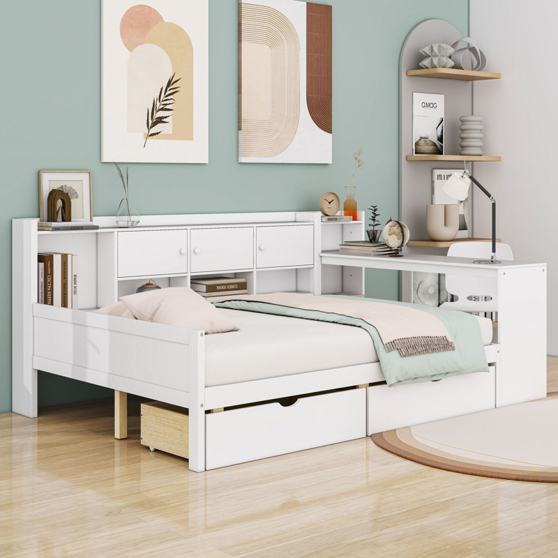 Wooden Daybed with Cabinets, Desk and Drawers, White, Full / Double