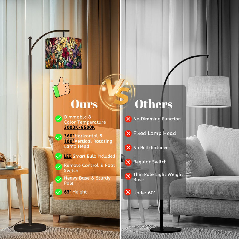 Arc Floor Lamp with Adjustable Lampshade Butterflies Blossoms Pastel Vivid Colors Standing Lamp 3 Color Temperatures Dimmable Tall Pole Lamp with Foot Switch for Bedroom
