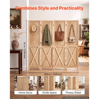 Paravent en bois à 4 panneaux perforés de 152 cm (59,8 po), pliable, avec charnières bidirectionnelles à 360°, cadre robuste à motif en X, cloison rustique en bois avec quincaillerie, idéal pour séparer les pièces et décorer votre intérieur.