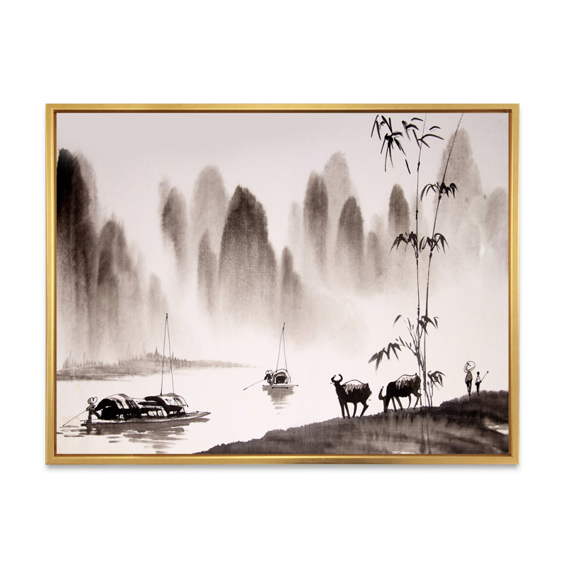 Peinture à l'encre de Chine, H 34 po x l 44 po x P 1,5 po, Cadre flottant doré
