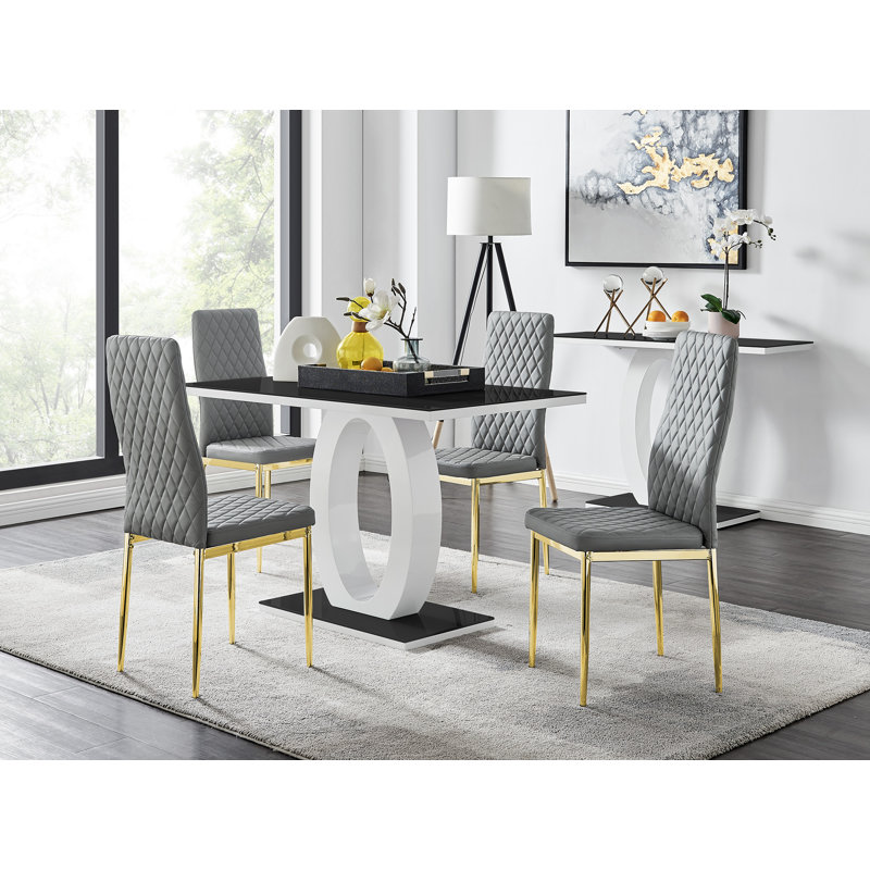 Scottsmoor 5-Piece Faux Leather Upholstered Dining Set with Pedestal Table Base, Gray/Gold, Black