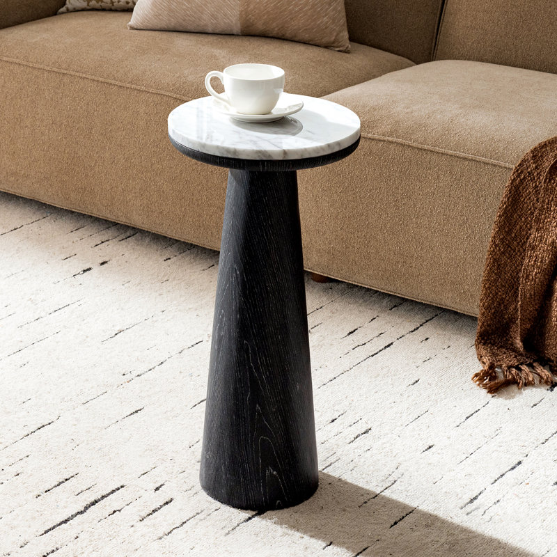 Oxner 24"Tall Modern Round End Table with Genuine Marble Top and Oak, Black