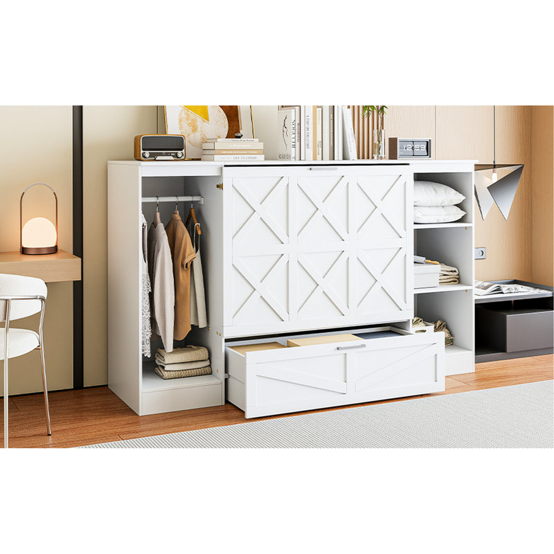 Lit simple en blanc avec tablettes et garde-robe - option de conception stable et fonctionnelle compacte