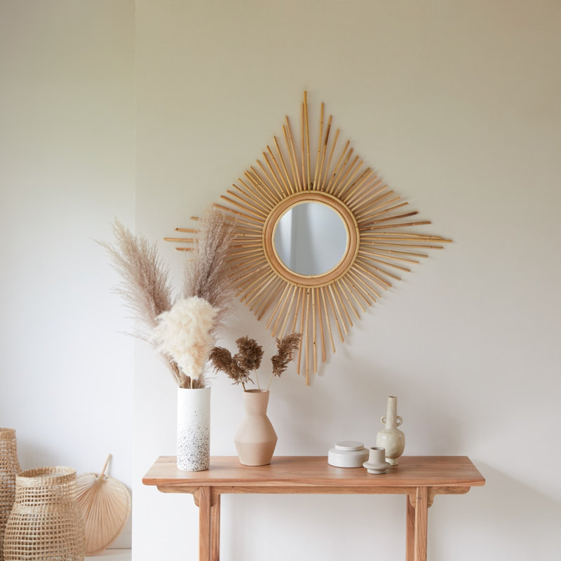 Isidore Round Mirror, Natural Wood