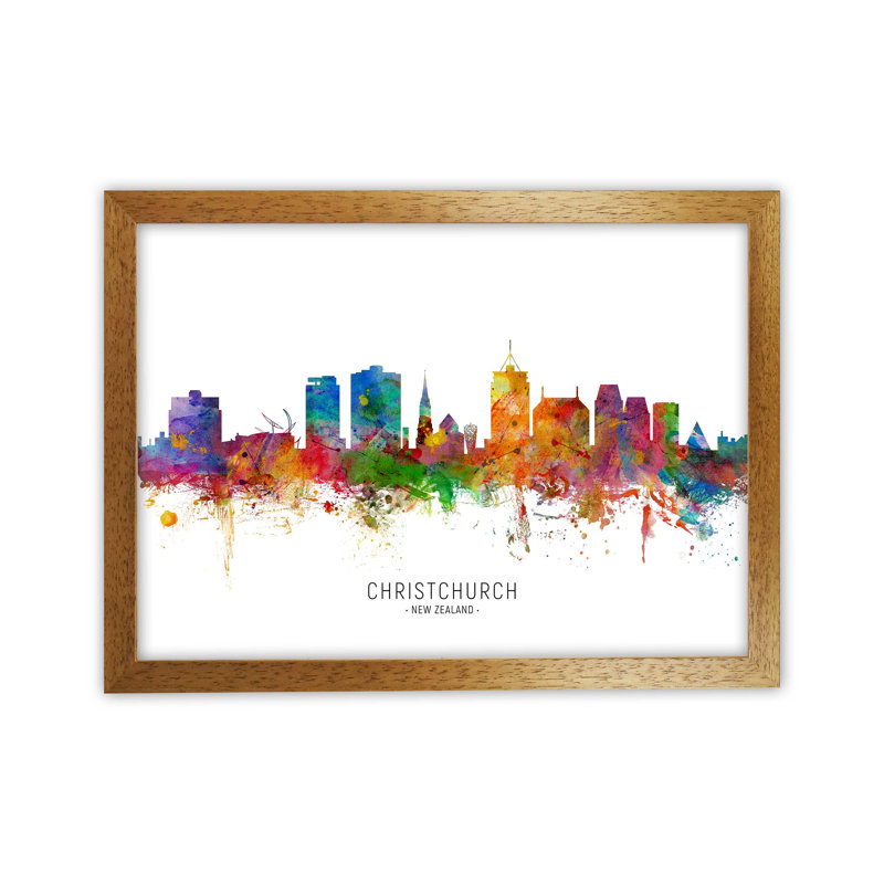 Christchurch New Zealand Skyline by Michael Tompsett - Print, 25cm H x 34cm W x 3cm D, Brown Framed