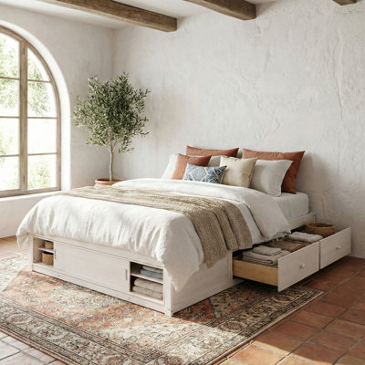 Queen Size Platform Bed Frame with 4 Storage Drawers & Footboard Storage Cubby, No Headboard, Modern Space-Saving, White