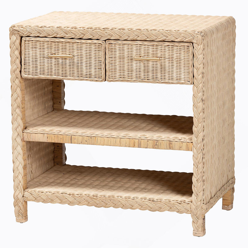 Console en rotin naturel et acajou de style japonais avec deux tiroirs et tablettes, parfaite pour les solutions de rangement élégantes.