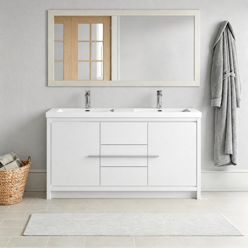  Meuble-lavabo simple de 60 po avec comptoir en résine blanc brillant, HG.White Design moderne pour petite salle de bain, 60"