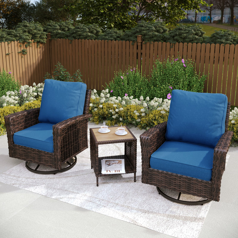 Swivel Wicker Outdoor Lounge Chair With Side Table, Navy
