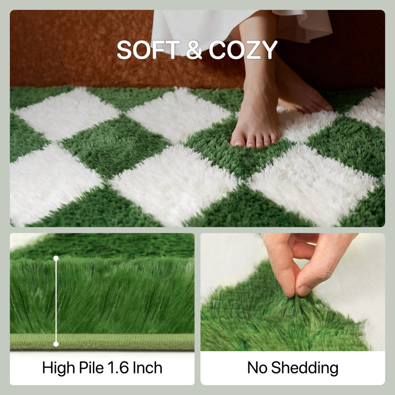 Machine-Washable Checkered Shag Area Rug, Green/White, Rectangle 180 x 270 cm