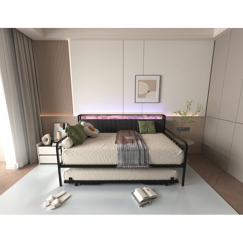 Sturdy Metal Twin Daybed With Trundle, Upholstered Headboard, And Charging Station For Modern Living Spaces