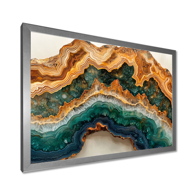 Agate et pierre émeraude dans la glissade en bois I - Agate, art mural, H 34 po x l 44 po, Cadre simple, Argent argent
