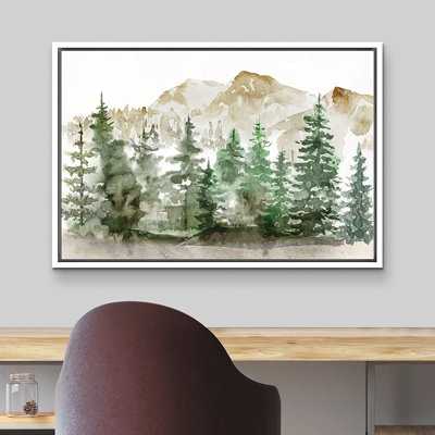 Green Watercolor Mountain Pine Tree Forest Nature Landscape Rustic Wall Art Work Framed Canvas Print