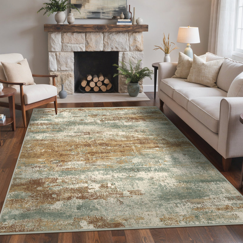 Abstract Machine Printed Area Rug, Gold/Green/Beige, Rectangle 200 x 290 cm