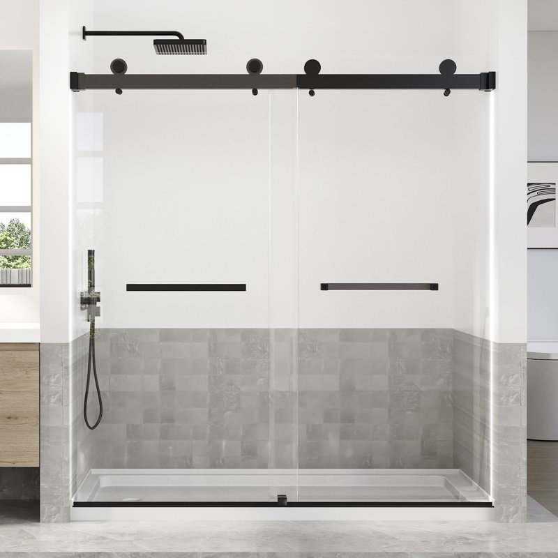 66 à 72 po X P 76 po H Double porte de douche coulissante sans cadre avec Verre trempé transparent, Noir mat