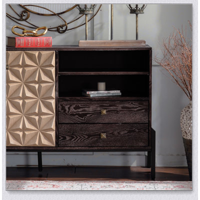 Buffet Mid-Century moderne avec motif géométrique 3D, bois massif et panneau de fibres à densité moyenne, 2 portes et 2 tiroirs, idéal pour les salons et les salles à manger