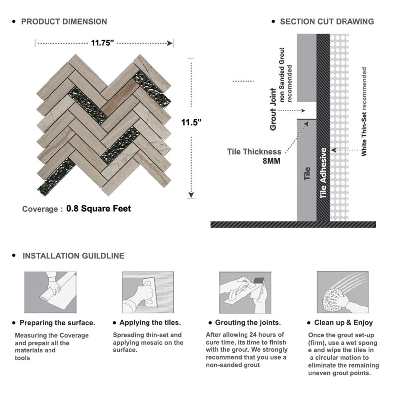 1" x 4" Straight Edge Natural Stone Herringbone Mosaic Tile, White Oak Marble/Silver